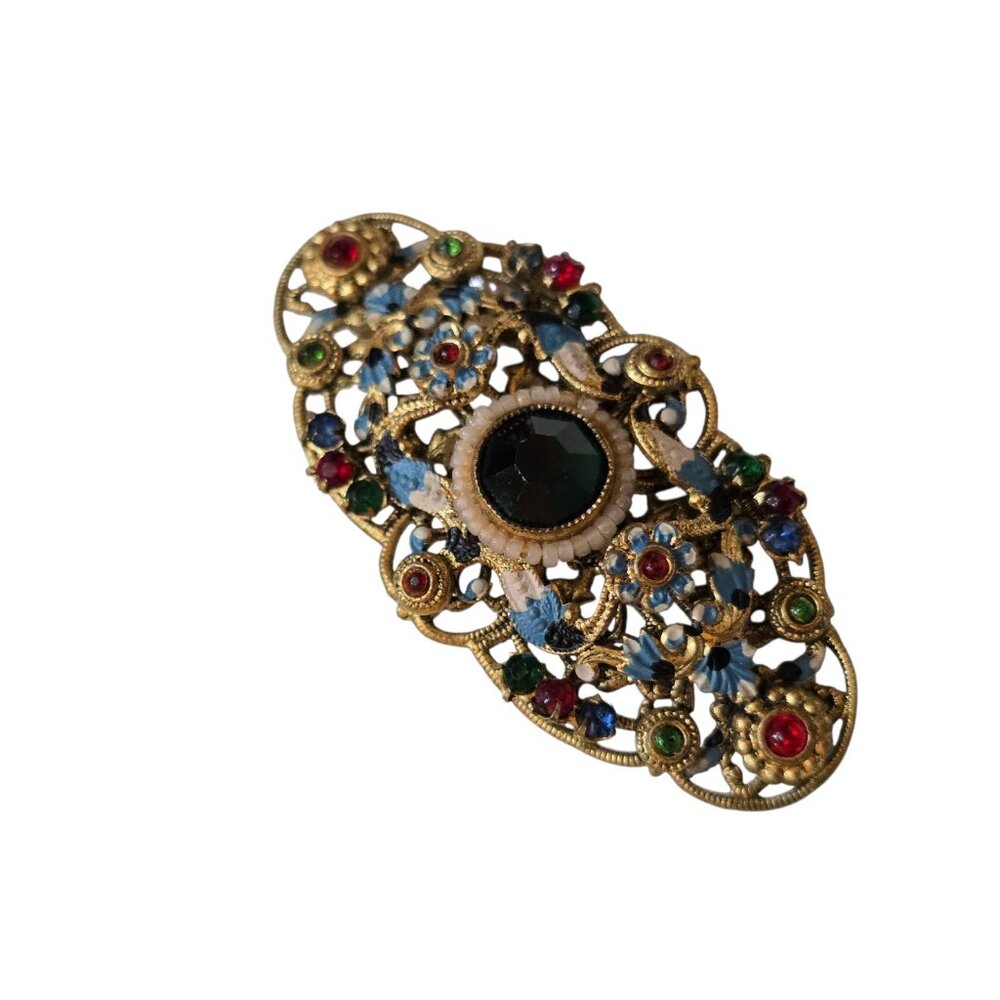 Antique Exceptional Czech Enamel Brass & Stone Brooch (A9015)